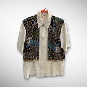 vintage 90s women's white blouse w/ beaded navy print vest sz M by Maren